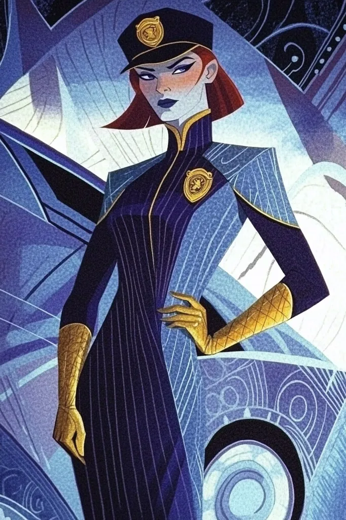 A stylized illustration depicts a woman in a dark blue, pinstriped uniform with gold accents.  She wears a military-style cap bearing a badge and gold gloves. Her expression is serious, and her red hair is visible beneath the cap.  She stands confidently, one hand on her hip, partially obscured by a futuristic-looking vehicle with swirling, abstract designs. The overall style is art deco-inspired with a strong graphic quality.