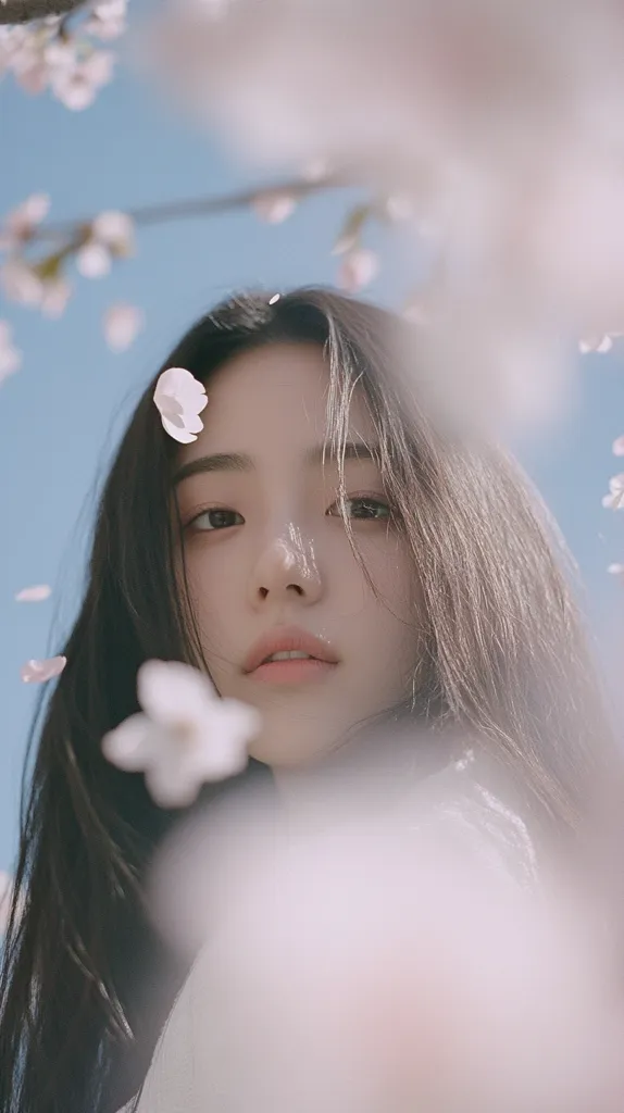 A young woman with long dark hair looks at the camera.  She's surrounded by softly falling cherry blossoms against a pale blue sky.  The image is soft-focus and ethereal, with a dreamy, romantic quality.  Her expression is serene and gentle, enhancing the peaceful atmosphere.  The delicate pink and white blossoms create a beautiful contrast to her dark hair.