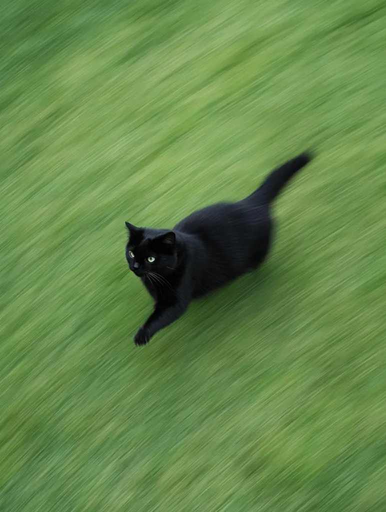A black cat runs across a vibrant green lawn. The image uses motion blur, creating a sense of speed and energy. The cat's sleek, dark fur contrasts sharply with the bright grass, making it the focal point. The blurred background suggests movement and vitality, capturing a fleeting moment of feline agility.