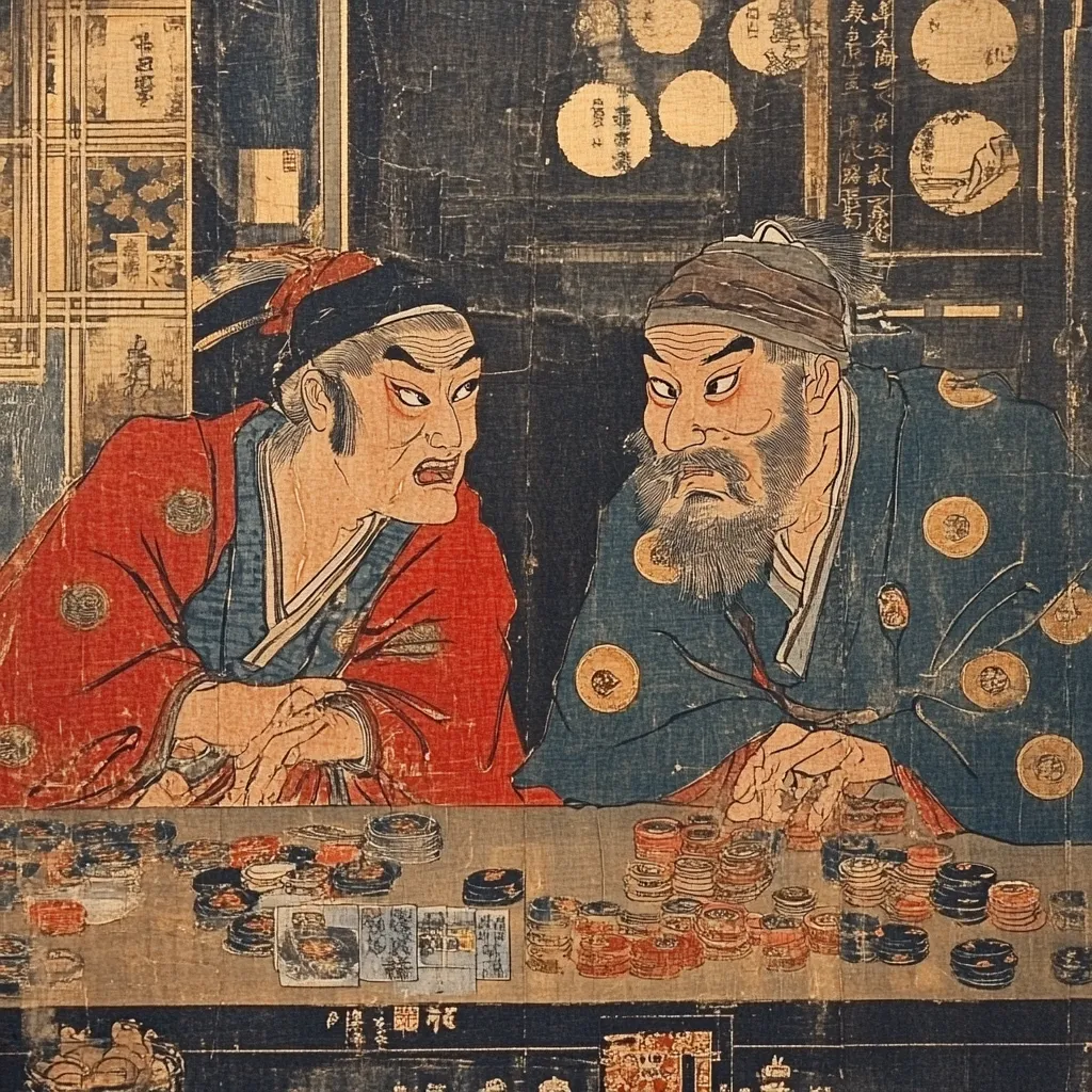 A vibrant woodblock print depicts two older Japanese men engrossed in a game.  One, in red, appears animated, while the other, in blue-grey, maintains a stoic expression.  Stacks of game pieces cover the table between them, suggesting a high-stakes contest. The richly detailed clothing and background, filled with kanji characters, point to a scene from Edo-period Japan. The artwork's aged texture adds to its historical charm.