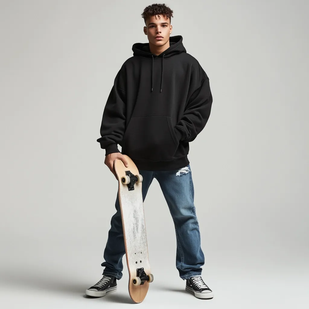 A young man stands against a light gray background, holding a skateboard. He's wearing a large black hoodie, blue jeans with distressed knees, and black and white sneakers.  His posture is relaxed, and he looks directly at the camera. The overall style is casual and urban.