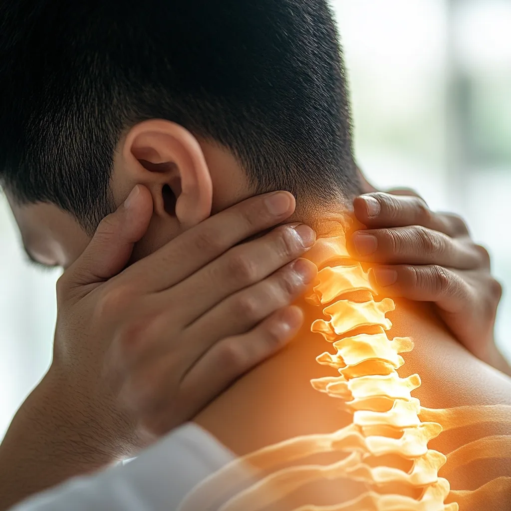 A person is shown holding their neck in pain.  An overlay shows a highlighted image of the cervical spine. The individual's hands are clasped around their neck, indicating discomfort or injury. The image likely represents neck pain, potentially stemming from muscle strain, arthritis, or other conditions.  The visual emphasizes the location of the pain.