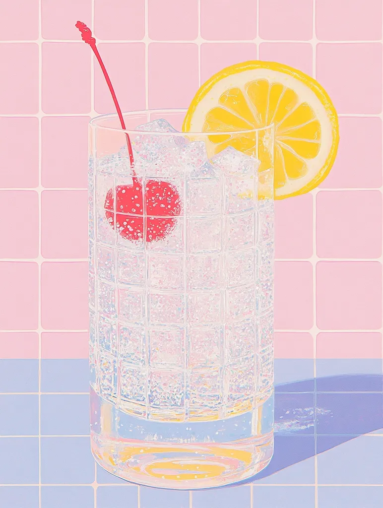 A high-angle, close-up shot depicts a Tom Collins cocktail in a short, gridded glass.  Ice cubes, a maraschino cherry, and a lemon slice garnish the bubbly drink. The pastel pink and lavender tiled background creates a retro aesthetic. The image's soft lighting and muted colors evoke a sense of calmness and summery refreshment.