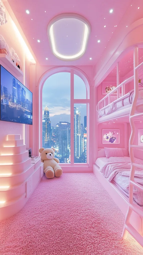 A dreamy pink child's bedroom features a bunk bed, plush carpet, and a large window offering a stunning cityscape view.  Soft lighting and a pink teddy bear add to the room's whimsical atmosphere.  Built-in shelving and a flat-screen TV complete the space, creating a luxurious and stylish haven.  The ceiling incorporates subtle star-like lighting.