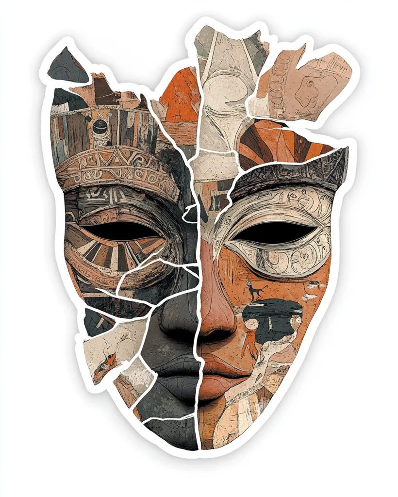 A fragmented face mask design, seemingly inspired by ancient Egyptian art, is depicted.  The mask is bisected, each half showcasing a different style and color palette. One side features darker tones and intricate geometric patterns, while the other employs warmer earth tones and illustrative details.  The fractured pieces create a sense of history and decay, suggesting a juxtaposition of cultures or time periods.