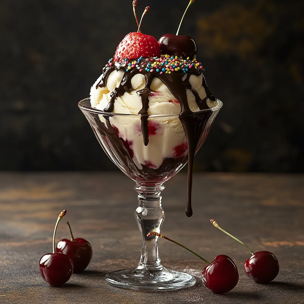 A decadent ice cream sundae is the star of this image.  Vanilla ice cream is generously drizzled with rich chocolate sauce and topped with colorful sprinkles, a strawberry, and a cherry.  The dessert sits in a stemmed glass, with additional cherries scattered artfully on the dark wooden table beside it.  The dark background enhances the vibrant colors of the treat, creating a visually appealing and tempting scene.