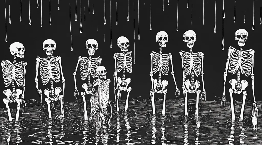 A monochrome illustration depicts seven skeletons wading through dark, murky water under a rain of dripping liquid.  The skeletons are rendered in detail, showing their rib cages and bone structure. One smaller skeleton appears to be draped in a shroud. The overall aesthetic is gothic and macabre.  The dark background and the rain create a somber, almost mournful atmosphere.