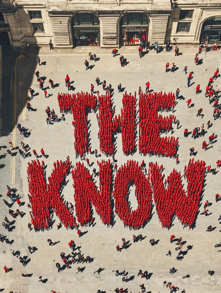 An aerial view reveals a large group of people, dressed in red, forming the words "THE KNOW" in a city square.  Surrounding the central formation are numerous individuals scattered across the paved area, creating a striking visual contrast between the organized message and the surrounding pedestrian activity.  The scene is observed from a high vantage point, offering a comprehensive perspective of the human arrangement.