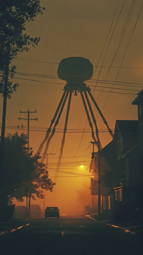 A large, tripod-like structure dominates a dimly lit street scene shrouded in an orange fog.  Silhouetted houses line the street, power lines crisscrossing overhead. A single car is visible in the distance, adding to the mysterious and slightly ominous atmosphere. The overall tone is dark and evocative, suggesting a science fiction or fantasy setting.