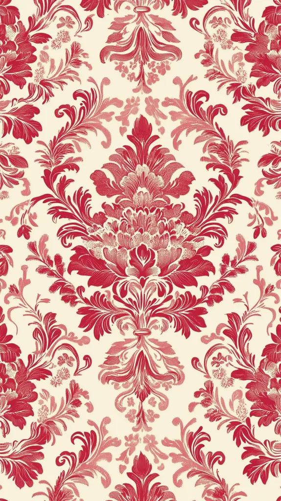 A repeating damask pattern in shades of red and cream.  Intricate floral and leaf motifs form a symmetrical design, characteristic of traditional wallpaper or textile prints. The rich red stands out against the off-white background, creating a luxurious and elegant appearance.  The pattern features a central floral element surrounded by scrolling leaves and smaller floral accents.