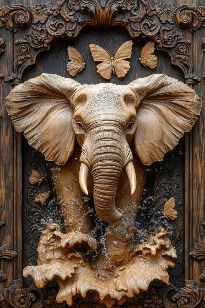 A stunning wood carving depicts an elephant emerging from water, surrounded by intricately carved butterflies. The elephant's detailed features and the realistic water spray are captivating.  The piece is framed by an ornate, dark wood border with elaborate carvings, enhancing its overall artistry and creating a visually rich, three-dimensional artwork.
