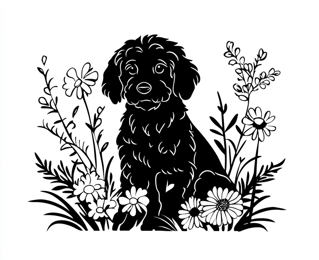 A black silhouette of a fluffy dog sits amidst a bed of wildflowers and tall grasses.  The dog, possibly a doodle, is centrally positioned, its furry texture implied by the shading.  The flowers are stylized, with daisies and other blooms surrounding the canine. The image is simple, elegant, and evokes a sense of springtime or a peaceful outdoor scene.