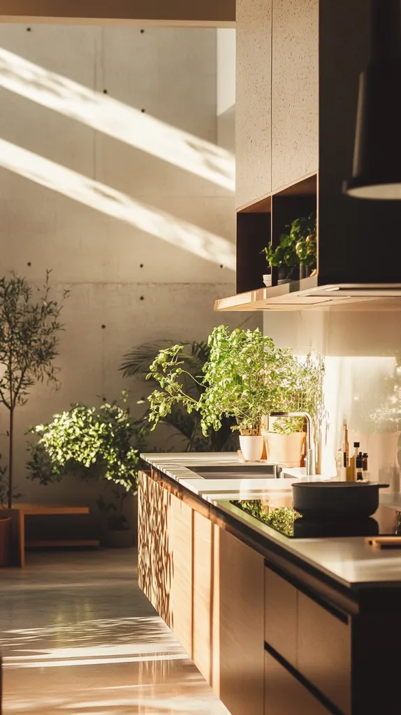 Sunlight streams through a window, illuminating a modern kitchen with a concrete wall.  The kitchen features a sleek, dark wood design with integrated appliances and a patterned wooden panel.  Various potted plants add a touch of nature, creating a bright and airy atmosphere. The overall ambiance is minimalist and sophisticated.