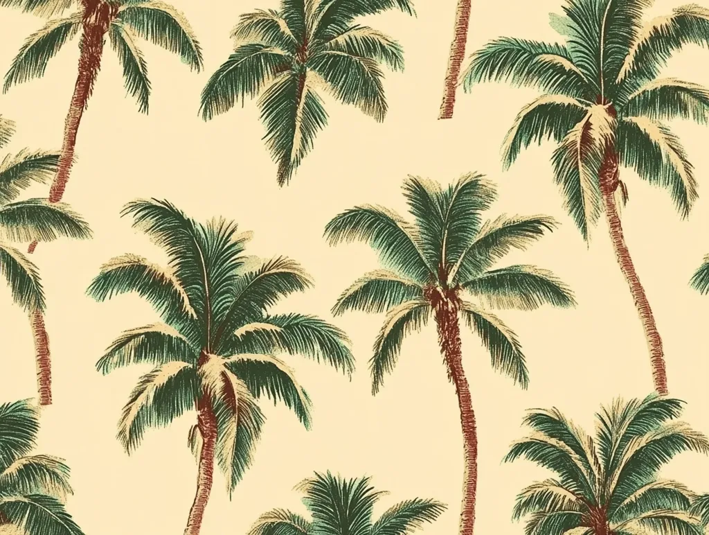 A seamless pattern featuring stylized palm trees on a pale yellow background.  The palm trees are drawn in a vintage style with dark green fronds and reddish-brown trunks. The design evokes a tropical, beachy aesthetic, suitable for fabric, wallpaper, or other decorative applications.  The repeated motif creates a consistent and relaxing visual rhythm.