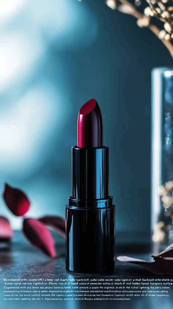 A deep red lipstick in a sleek black tube is the focal point of a minimalist still life.  The lipstick rests on a dark, stone-like surface against a muted blue background.  Delicate, fallen petals and a blurred vase add subtle texture and depth to the image, emphasizing the lipstick's richness and sophistication.  The overall mood is elegant and refined.