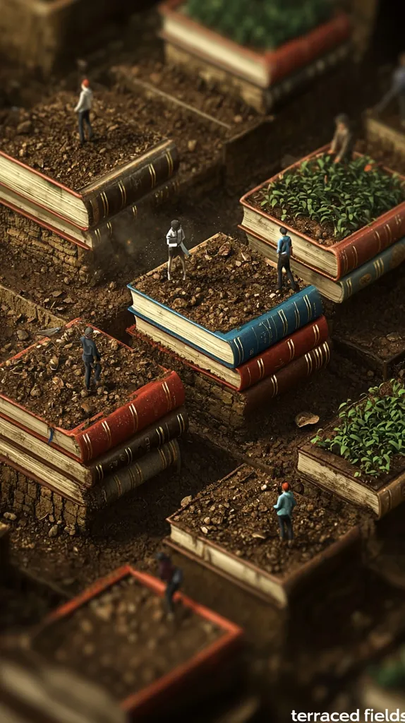 Miniature figures tend small plots of soil atop stacks of aged books forming terraced fields.  The books, worn and layered, create a unique landscape, suggesting the growth of knowledge and cultivation of ideas.  The scene is meticulously detailed, with tiny plants sprouting from the earth-filled pages, creating a surreal and captivating image.