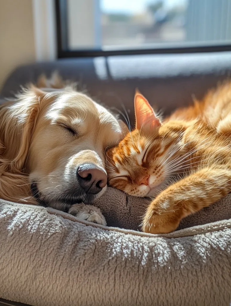 A golden retriever and an orange tabby cat cuddle together, fast asleep in a cozy dog bed.  Sunlight streams in from a nearby window, illuminating the peaceful scene.  The dog's head rests gently against the cat, their eyes closed in contentment.  The soft texture of the bed and the animals' relaxed postures create a heartwarming image of interspecies companionship.