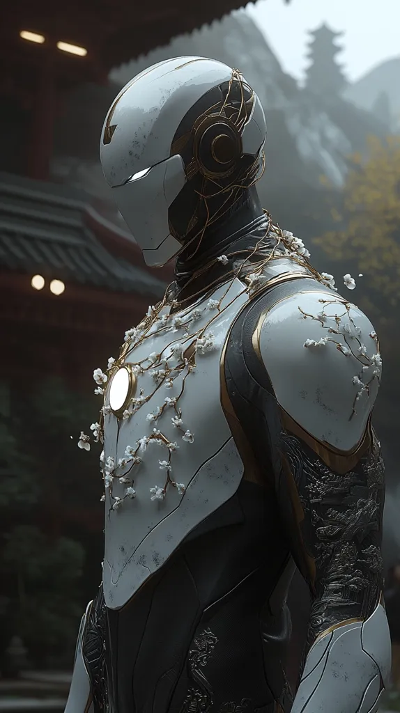 A futuristic samurai-inspired suit of armor, predominantly white with gold accents, is depicted.  Delicate white blossoms adorn the chest plate, contrasting with the dark, intricate detailing on the arms and torso. The helmet is sleek and modern, hinting at advanced technology. The background suggests a serene, misty Asian landscape with traditional architecture, creating a compelling juxtaposition of old and new.