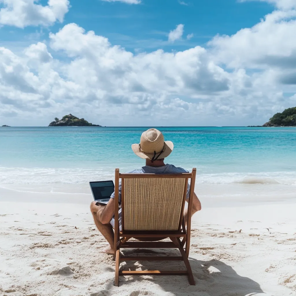 A man sits in a beach chair on a pristine white sand beach, facing a turquoise ocean.  He wears a straw hat and works on a laptop.  Small islands are visible in the distance under a bright, partly cloudy sky. The scene evokes a feeling of relaxed remote work in a tropical paradise.