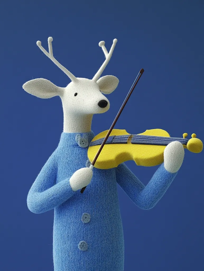 A charming 3D rendering depicts a whimsical deer, crafted from a fluffy, white material, donning a cozy blue sweater.  The deer delicately plays a bright yellow violin against a deep blue backdrop. The scene exudes a soft, playful atmosphere, with the textures and colors contributing to its gentle and endearing character.