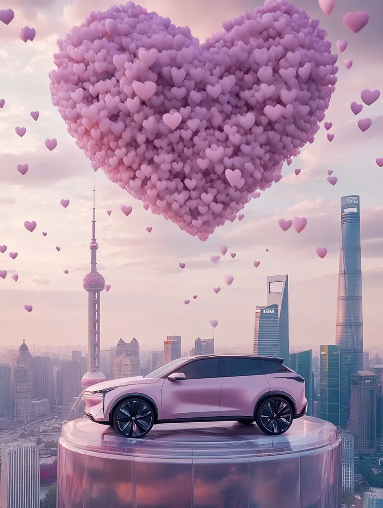 A pink electric SUV sits atop a building overlooking the Shanghai skyline.  A giant heart, formed from numerous smaller pink hearts, floats in the sky above, with more hearts scattered throughout the scene, creating a romantic and dreamy atmosphere. The city's iconic towers are visible in the background, adding to the stunning cityscape.