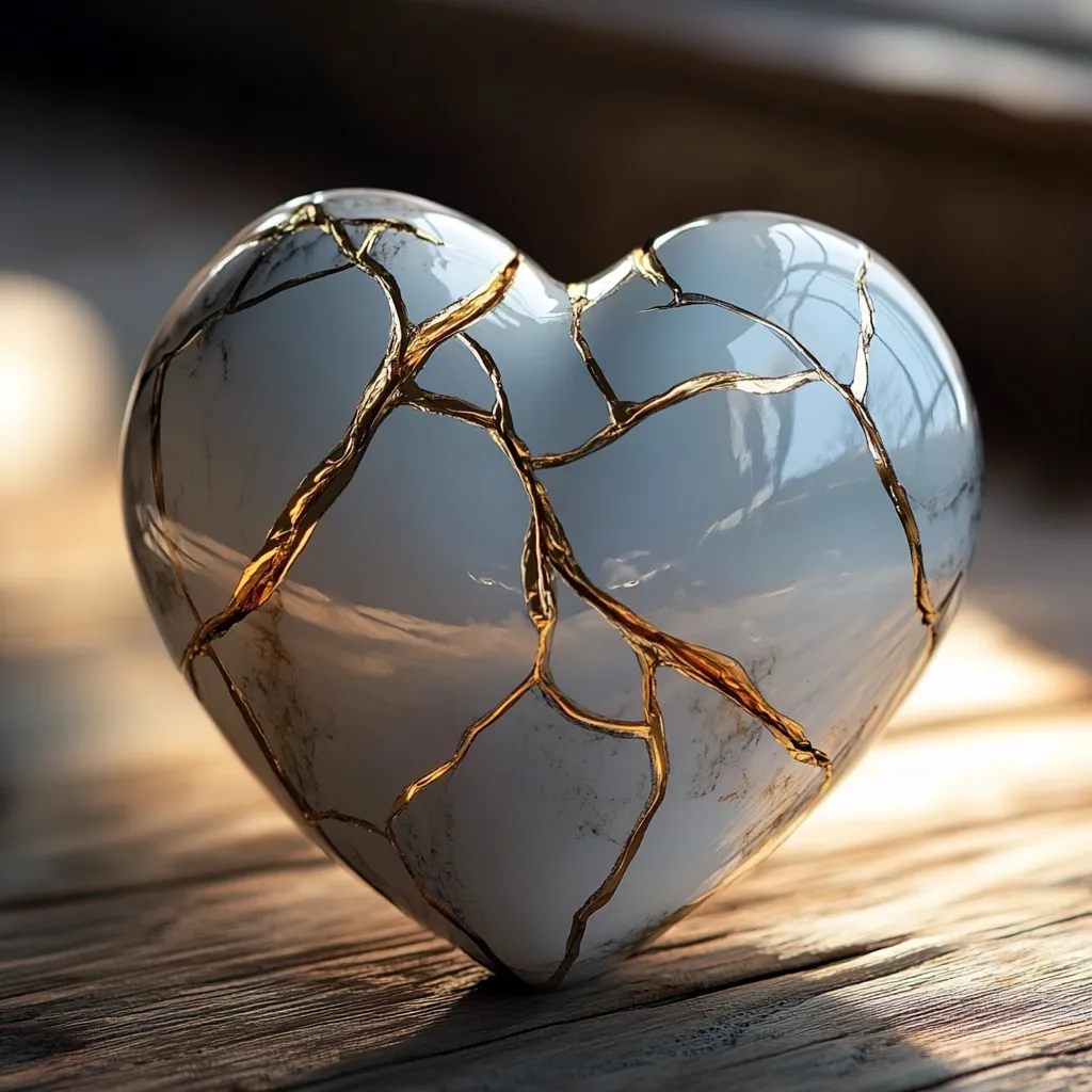 A heart-shaped object, seemingly made of porcelain or ceramic, rests on a wooden surface.  It is cracked in numerous places, with thin gold lines outlining the fractures. The cracks create a network across the light grey surface, suggesting fragility and brokenness.  The image evokes a sense of sadness or heartbreak.  The lighting emphasizes the texture and the gold detailing against the matte surface.