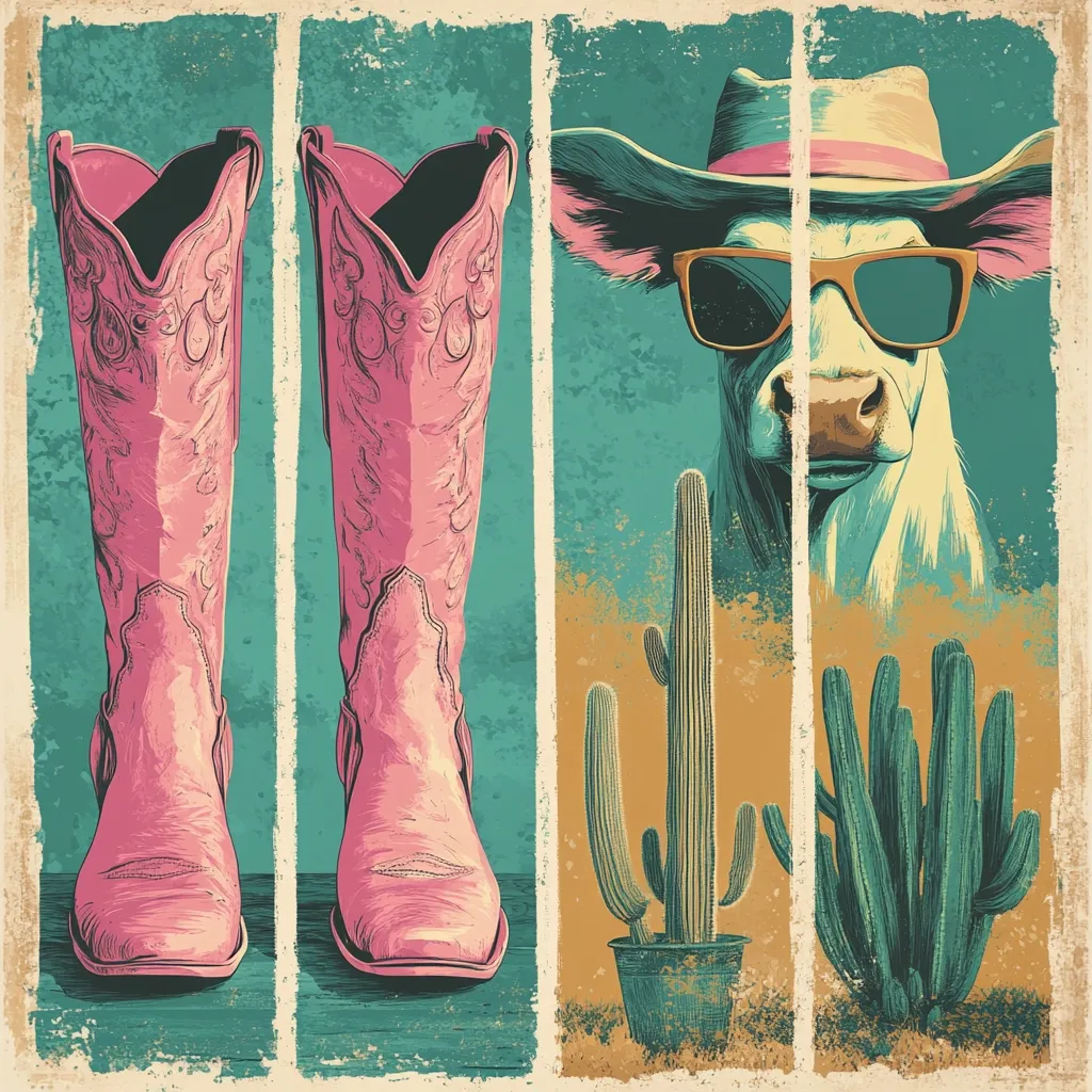 A stylized vintage-style illustration features a pair of pink cowboy boots flanking a cool cow wearing sunglasses and a hat.  Two cacti, one tall and slender, the other shorter and bushier, complete the scene, set against a distressed, teal and beige background. The image evokes a retro Western aesthetic with its bold colors and graphic design.