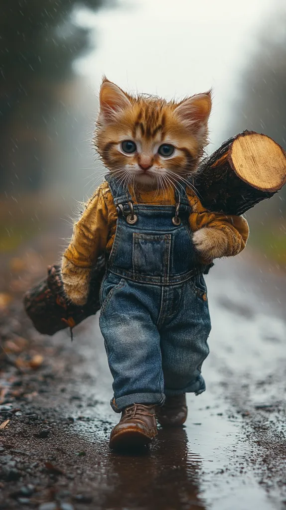 A cute ginger kitten, wearing denim overalls and brown boots, bravely carries a large log down a rain-soaked path.  The kitten's determined expression and miniature size contrast humorously with the heavy burden.  Raindrops fall around it, creating a charmingly whimsical scene. The overall mood is one of heartwarming resilience and unexpected cuteness.