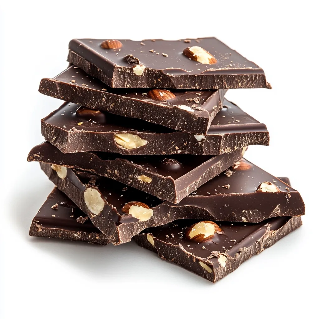 A stack of dark chocolate pieces with almonds is shown against a white background.  The chocolate is broken into irregular shards, revealing the nuts embedded within the rich, dark chocolate.  The image emphasizes the texture and appearance of the high-quality chocolate and the contrasting light color of the almonds.