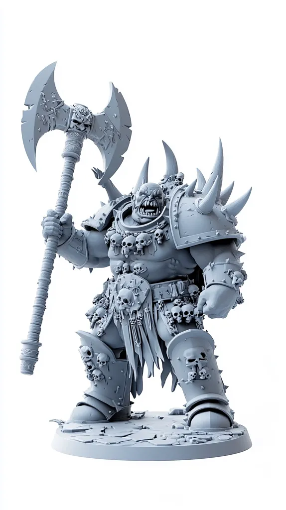 A grey miniature figure of a hulking, orkish warrior is depicted.  Adorned with numerous skulls and spiked armor, he wields a large, double-headed axe.  His fierce expression and brutal weaponry suggest a powerful and fearsome character, possibly from a fantasy or science fiction setting. The miniature sits on a ruined base, adding to its grim atmosphere.  The detail is sharp, showcasing the intricate sculpting.