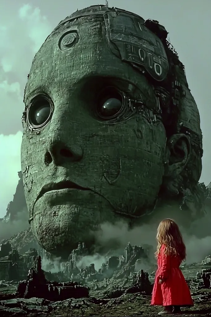 A colossal, weathered stone head, resembling a giant robot, dominates a desolate, post-apocalyptic landscape.  Its metallic eyes and intricate detailing suggest a long-forgotten technology.  A small girl in a red coat stands in the foreground, dwarfed by the monumental figure, creating a striking contrast of scale and evoking a sense of mystery and wonder.  The scene is bleak yet captivating, suggesting a story of immense power and vulnerability.