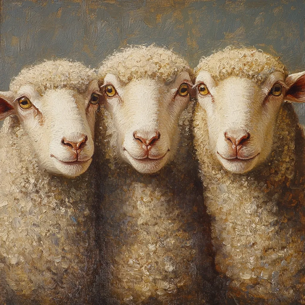 A detailed oil painting depicts three sheep standing side-by-side, their faces in the foreground.  The sheep have fluffy, light-brown wool and are rendered with realistic texture.  Their expressions are serene and slightly curious, their large, expressive eyes engaging the viewer. The muted background enhances the focus on the animals.
