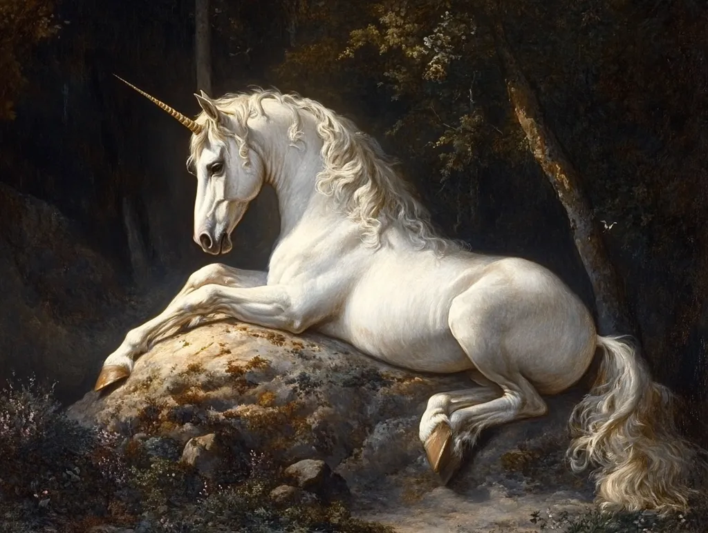 A majestic white unicorn, its long, flowing mane and tail cascading down, rests gracefully on a moss-covered rock within a dark, shadowy forest.  The unicorn's horn is prominent, adding to its mythical aura.  The painting showcases detailed rendering of the animal's coat and the surrounding woodland, creating a serene and enchanting scene.  The overall mood is one of quiet dignity and magical mystery.