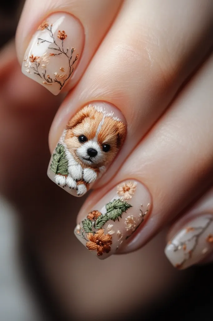 Intricate nail art showcasing a charming design.  One nail features an embroidered puppy, nestled amongst meticulously crafted floral details.  The other nails display delicate embroidered floral patterns in earthy tones of orange, green, and beige on a nude base, creating a cohesive and artistic manicure.