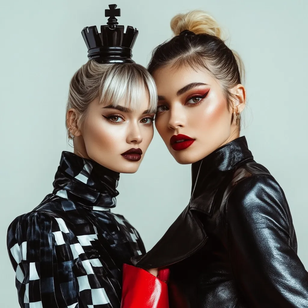 Two young women pose closely together against a light gray background.  One wears a black and white checkered turtleneck top and a black chess queen crown. The other wears a black leather jacket and has her hair in a high bun. Both women have bold makeup, including red lipstick and dramatic eye shadow.  The image conveys a stylish and edgy aesthetic.