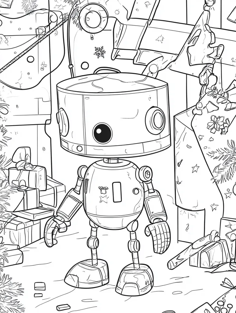A cute, round robot stands amidst a Christmas scene.  Surrounded by presents and festive decorations, the robot features large eyes and simple, charming details.  The line art style is clean and whimsical, suitable for coloring.  The setting suggests a holiday greeting or a festive illustration. The image is predominantly black and white.