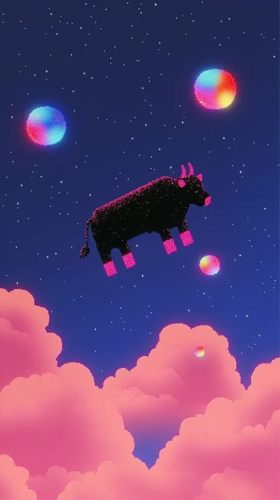 A pixel art style image depicts a black bull with pink legs floating in a twilight sky filled with pink clouds and colorful planets.  The scene is dreamlike and surreal, with the bull seemingly weightless against the backdrop of stars and celestial bodies. The color palette is predominantly pink, purple, and black, creating a visually striking contrast.