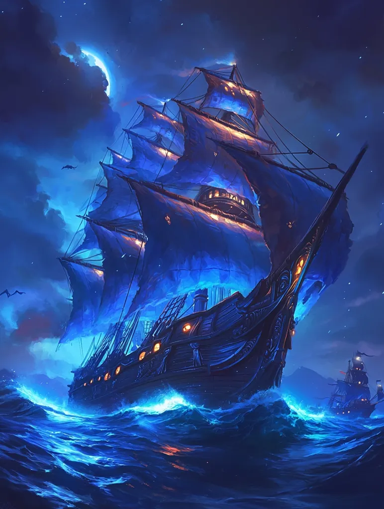 A majestic, dark galleon sails under a crescent moon and starlit sky.  Its sails glow with an ethereal blue light, casting a magical aura on the inky water.  Smaller ships are visible in the distance, adding to the dramatic scene of a nighttime voyage across a mystical sea.  The artwork evokes a sense of mystery and adventure.