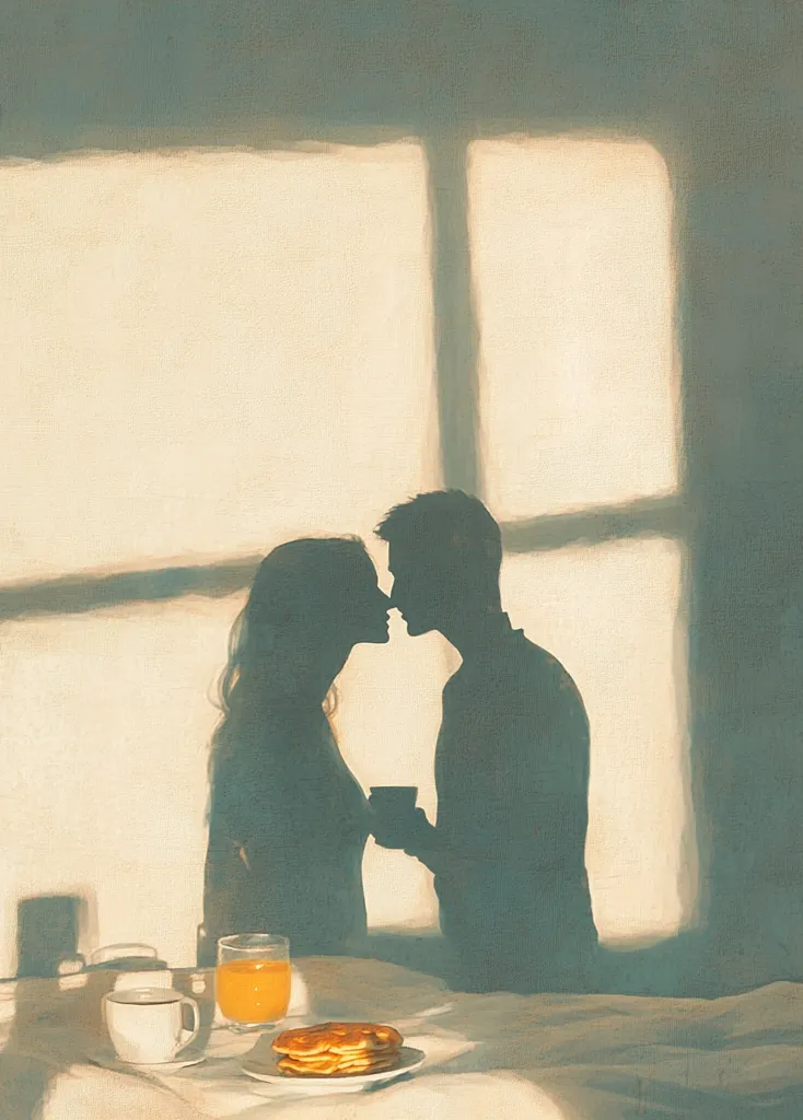 A painting depicts the silhouettes of a couple sharing a tender moment, their faces nearly touching.  The warm sunlight casts their shadows prominently against a light-colored wall.  A breakfast scene is subtly included in the foreground, with pancakes and a glass of orange juice on a table, creating a peaceful and intimate atmosphere. The overall style is soft and romantic.