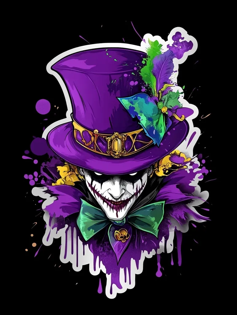 A stylized illustration of a sinister jester.  The jester, with a grotesque grin and painted face, wears a large purple top hat adorned with a vibrant green and teal bow and feather.  The image is rendered in a vibrant purple and green color palette, with paint splatter effects creating a dramatic background against a black backdrop. The overall aesthetic is dark, theatrical, and slightly unsettling.