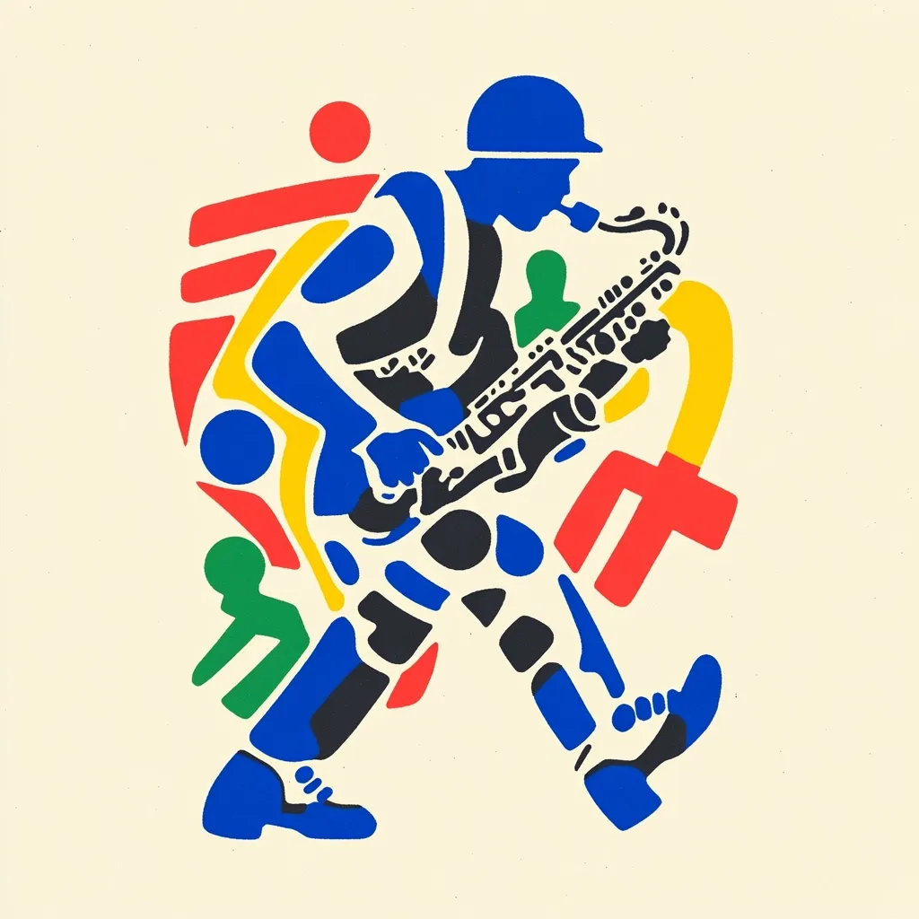 A stylized illustration depicts a saxophonist in motion.  Bold, primary colors and fragmented shapes form the figure and instrument. The saxophonist, in blue, plays a black saxophone, surrounded by smaller, colorful figures suggesting a lively, musical scene. The overall style is reminiscent of abstract expressionism or modern art.
