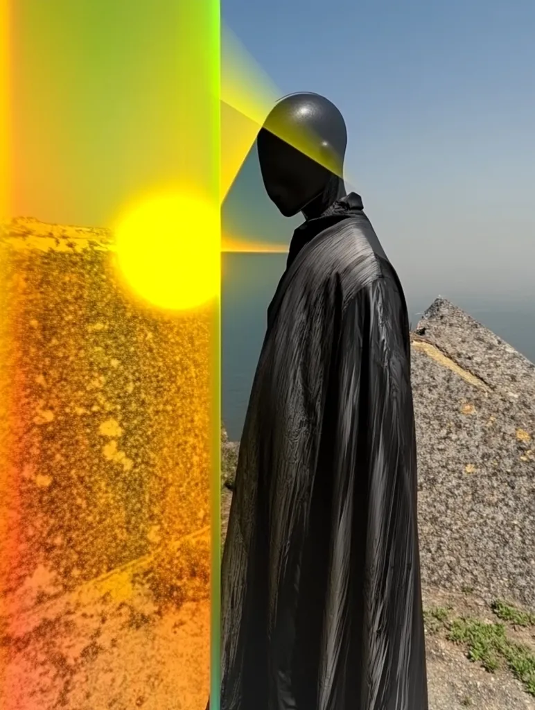 A black, flowing garment is displayed against a vibrant, abstract background.  The backdrop features a bright yellow-orange sunburst effect merging with a greenish-yellow hue, creating a surreal, almost otherworldly atmosphere. The mannequin wearing the garment is positioned to suggest a contemplative pose, with the sea visible in the distance.  The overall image is a stylish blend of fashion and artistic expression.