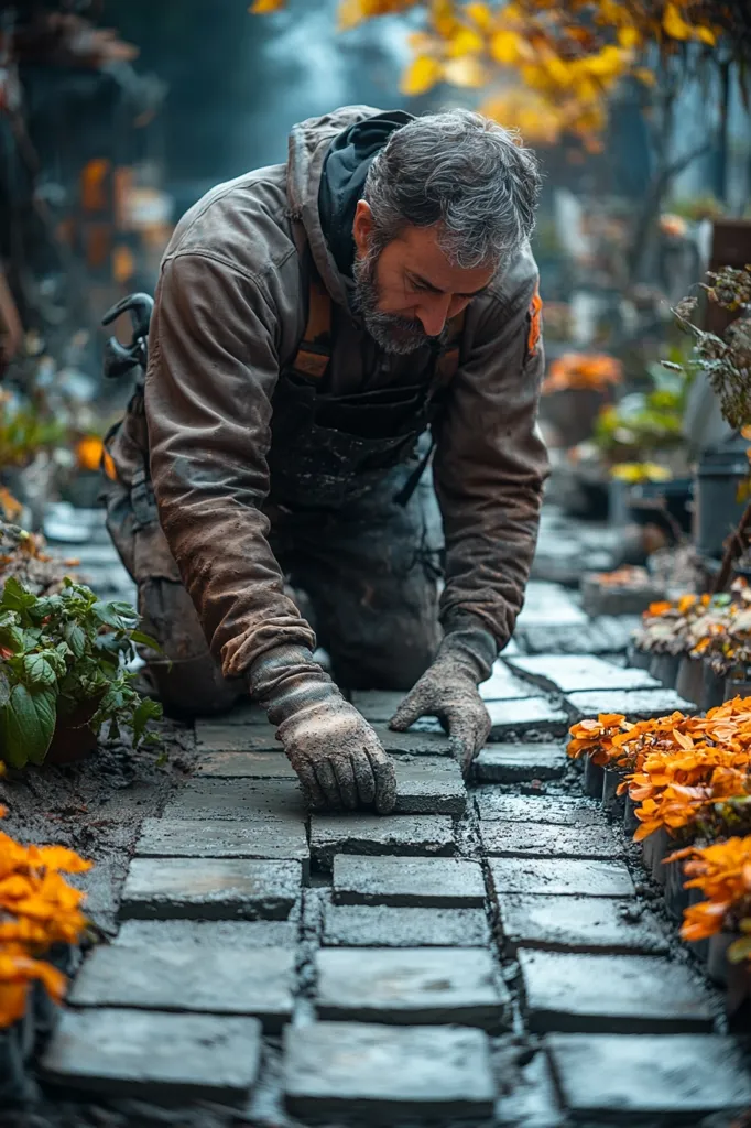 A man kneels, meticulously placing grey paving stones into wet cement.  He's wearing muddy work gloves and a brown jacket, focused on his task.  The autumnal background suggests a garden setting, with vibrant orange and yellow foliage blurring softly behind him.  The scene emphasizes the detail and care in creating a stone pathway.