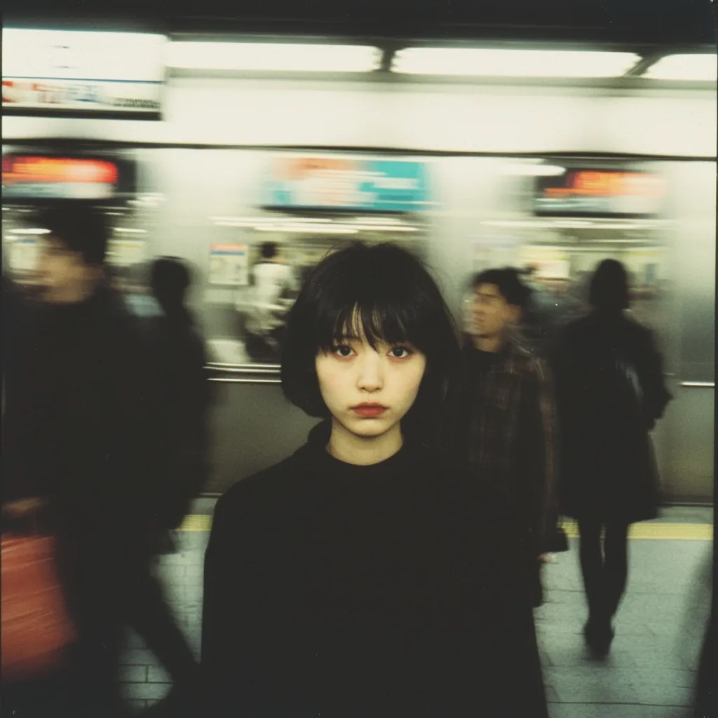 A young woman with short, dark hair stands calmly in a bustling subway station.  The background is blurred, emphasizing the motion of the rushing commuters. She's dressed in simple black clothing, her expression serene and slightly pensive. The overall mood is one of quiet contemplation amidst urban chaos. The image has a grainy, film-like quality.