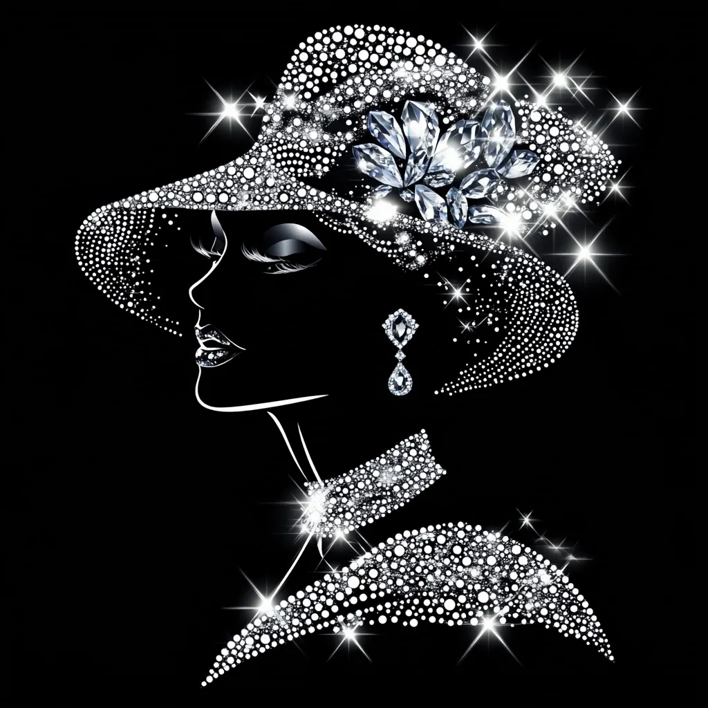 A glamorous black and white illustration depicts a woman's profile adorned with sparkling diamonds.  Her wide-brimmed hat, necklace, earrings, and dress are all encrusted with glittering gems, creating a dazzling effect against the dark background. The style is reminiscent of vintage elegance, with a modern twist of dazzling sparkle.  The overall image exudes luxury and sophistication.