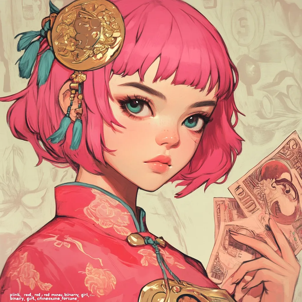 A stylized illustration of a young woman with vibrant pink hair, styled in a bob. She wears a traditional-looking pink Chinese-style dress adorned with floral patterns and gold accents.  A large gold ornament decorates her hair.  She holds several banknotes, adding a touch of whimsy and fortune to the scene.  Her large, expressive eyes are a striking feature.