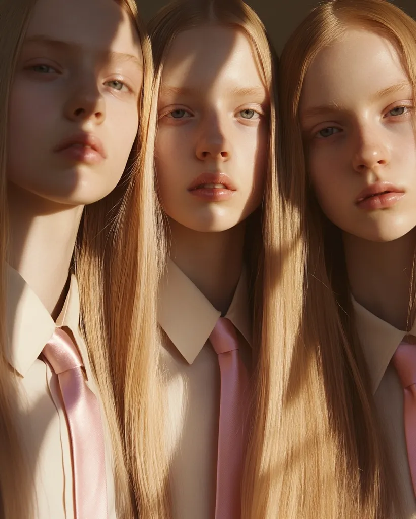 Three women with long blonde hair are positioned close together.  They wear identical beige collared shirts and pale pink ties.  Sunlight casts shadows across their faces, highlighting their features. The image is reminiscent of a fashion editorial, emphasizing symmetry and a serene, almost ethereal quality.