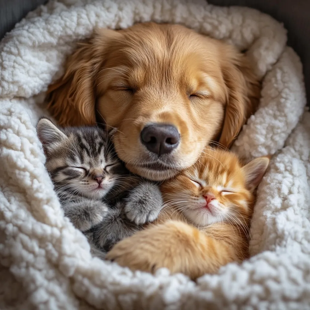 A heartwarming image of a golden retriever puppy nestled between two kittens, all soundly asleep within a fluffy white blanket.  The puppy's eyes are closed, and its head rests gently on the kittens.  The kittens are snuggled close, creating a peaceful and adorable scene of interspecies companionship. The soft blanket enhances the cozy and heartwarming atmosphere.