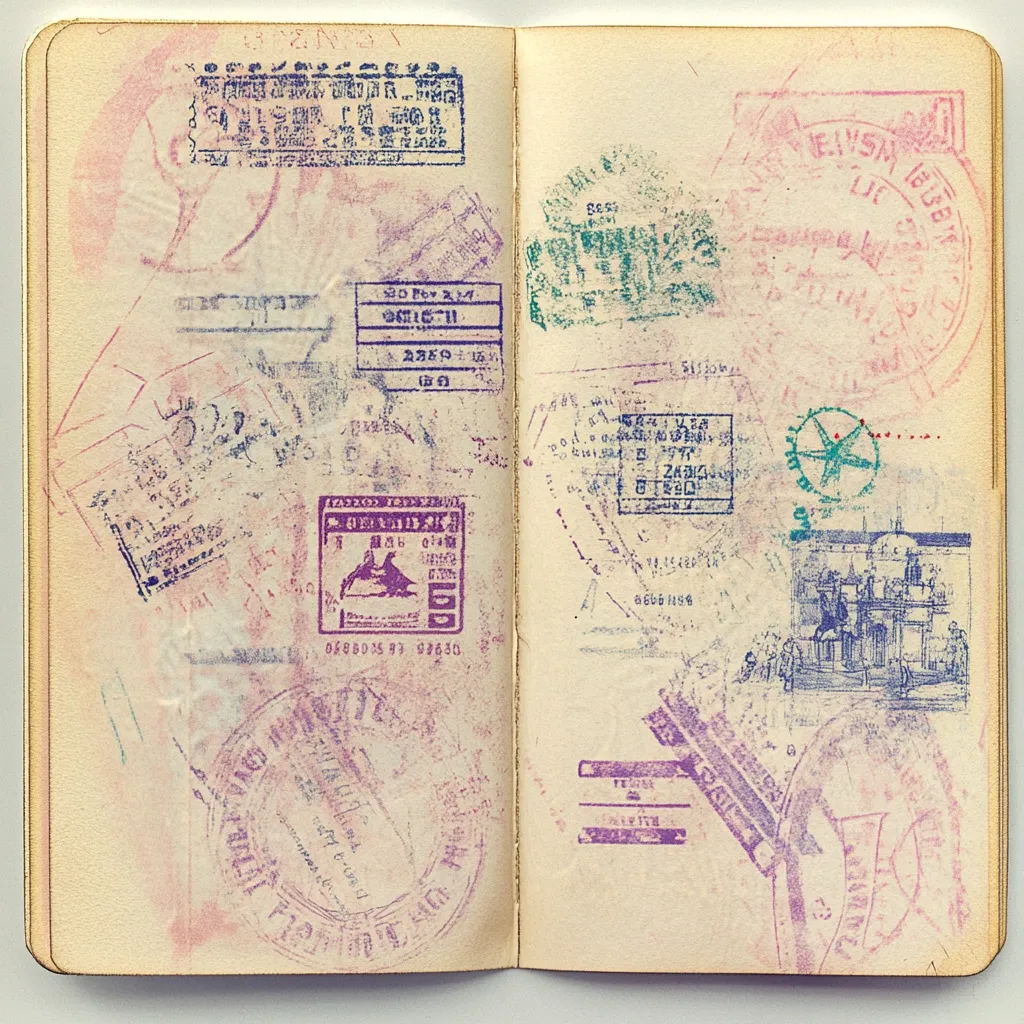 A well-traveled passport's pages are densely covered with numerous entry and exit stamps.  Various colors and styles of stamps, some partially obscured, suggest journeys across numerous borders.  The faded ink and aged paper indicate extensive use and a history of international travel.  The stamps are clustered and overlapping, a visual testament to years of exploration.