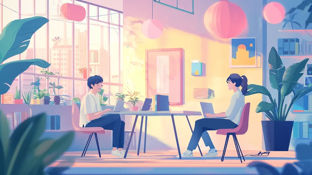 Two young adults sit at a minimalist desk in a sunlit room, working on laptops.  The space is bright and airy, decorated with potted plants, pastel-colored lanterns, and artwork.  Large windows offer a city view. The overall aesthetic is calm and serene, suggesting a creative or collaborative workspace.